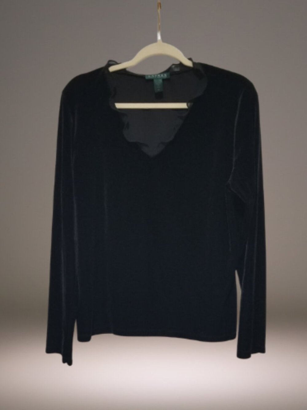 Lauren Ralph Lauren Womens XL Black Velvet Scalloped V Neck Top
